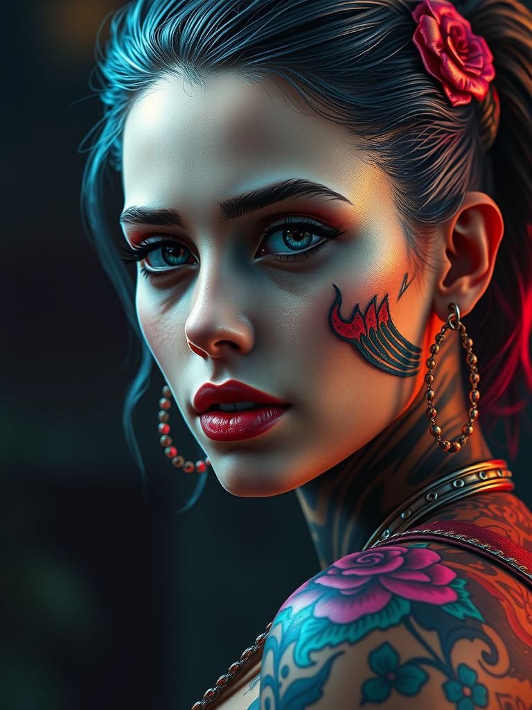 Tattooed Lady Portrait in Hyperdetailed Art Nouveau Style