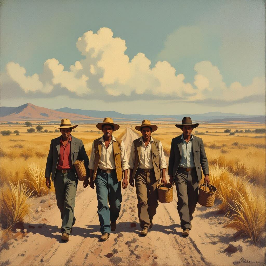 Peasants Traverse Barren Land in Somber Realist Painting