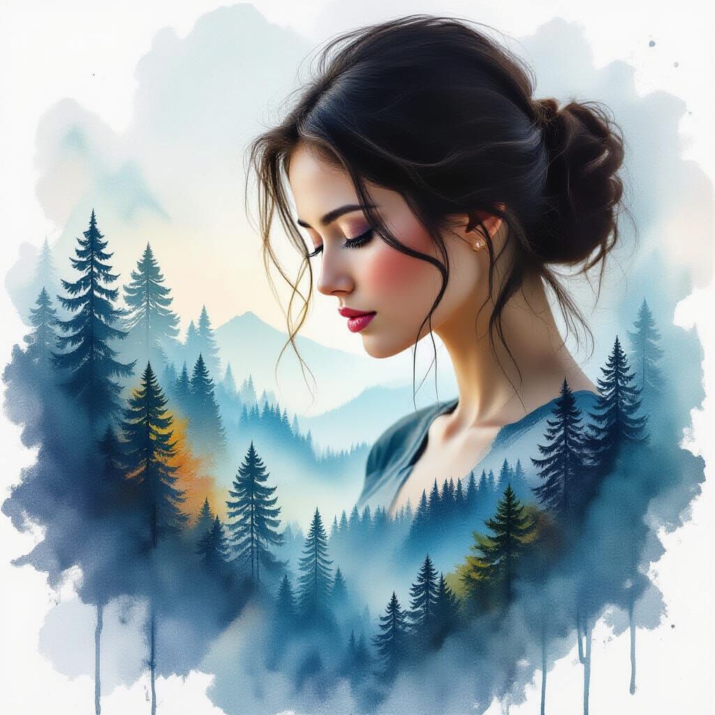 Ethereal Woman Merging with Watercolor Forest