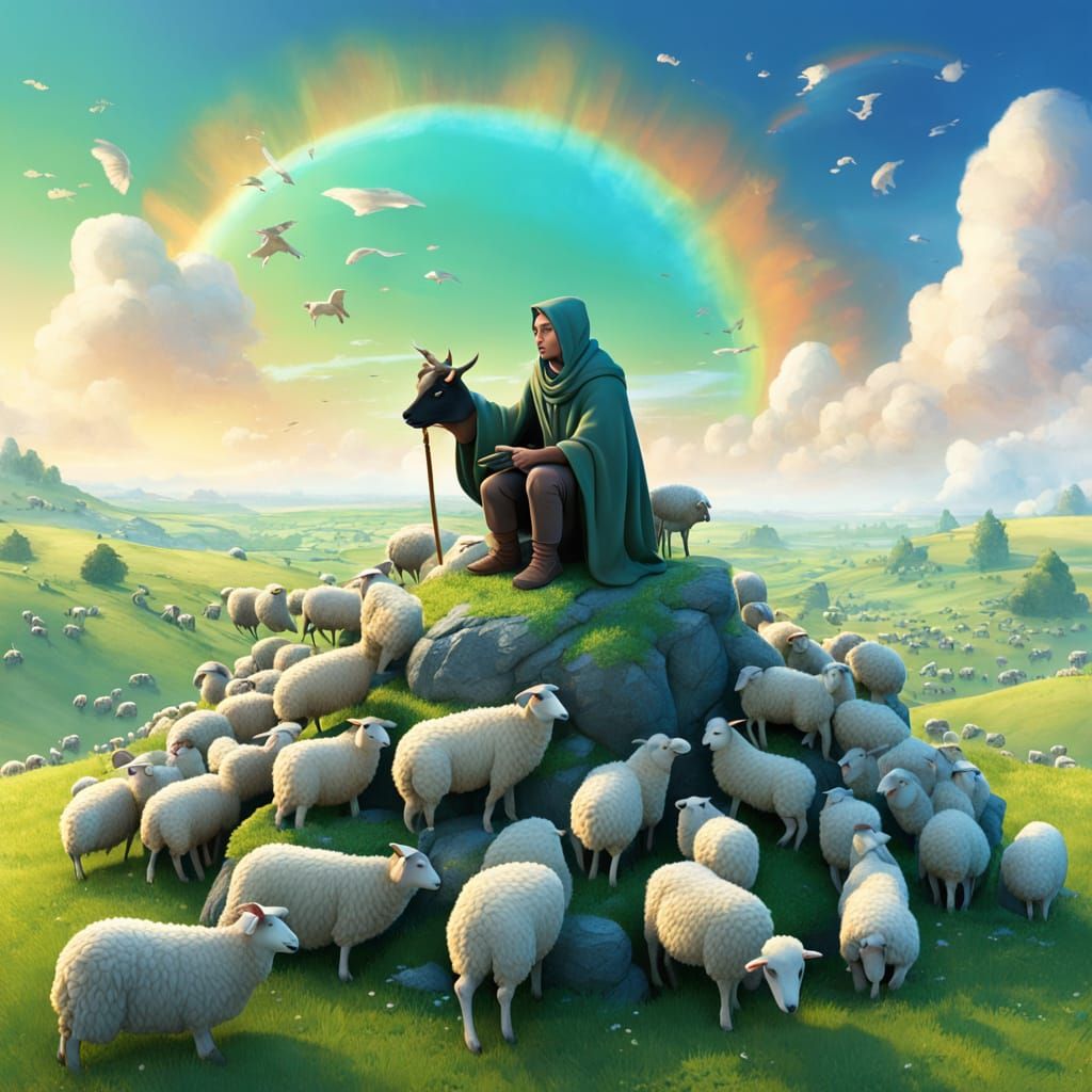 Shepherd in Green Field with Radiant Sky