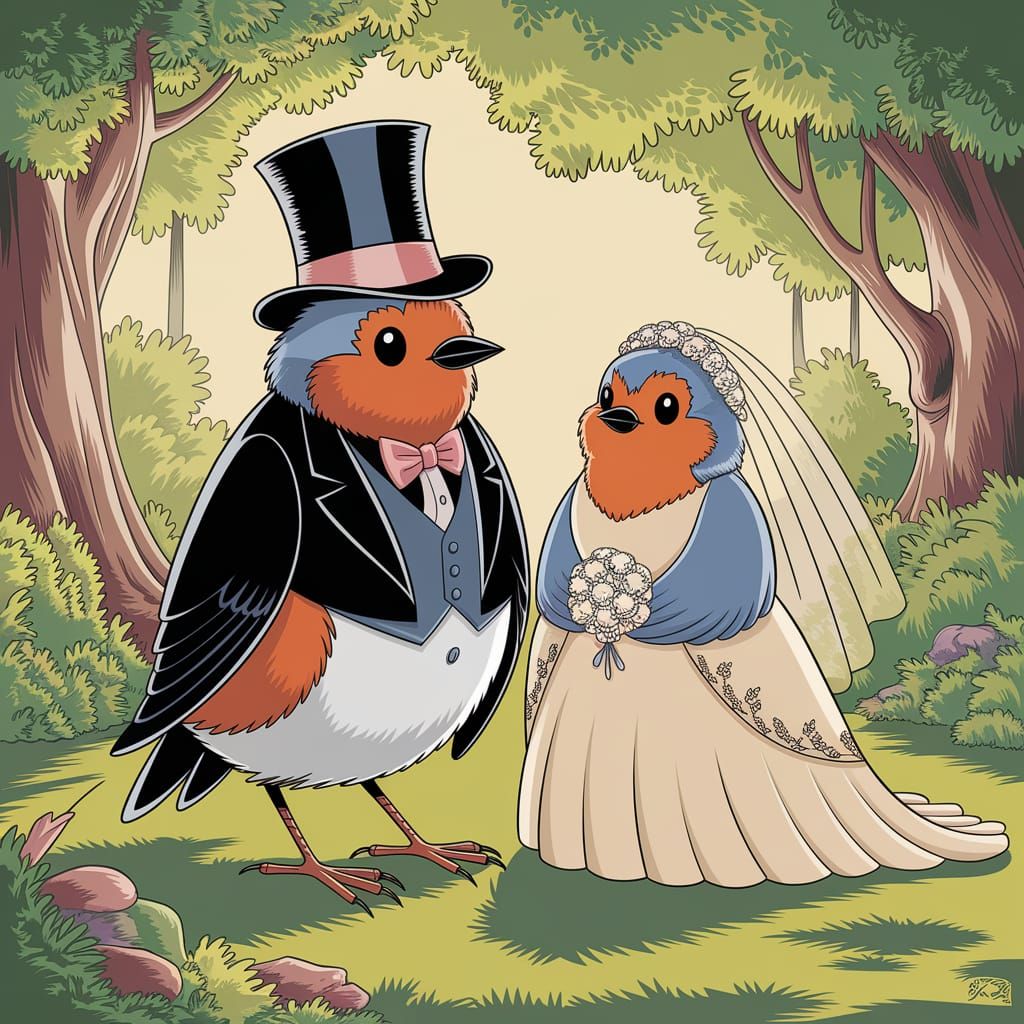 Cartoon Robins Getting Married in Ghibli Style