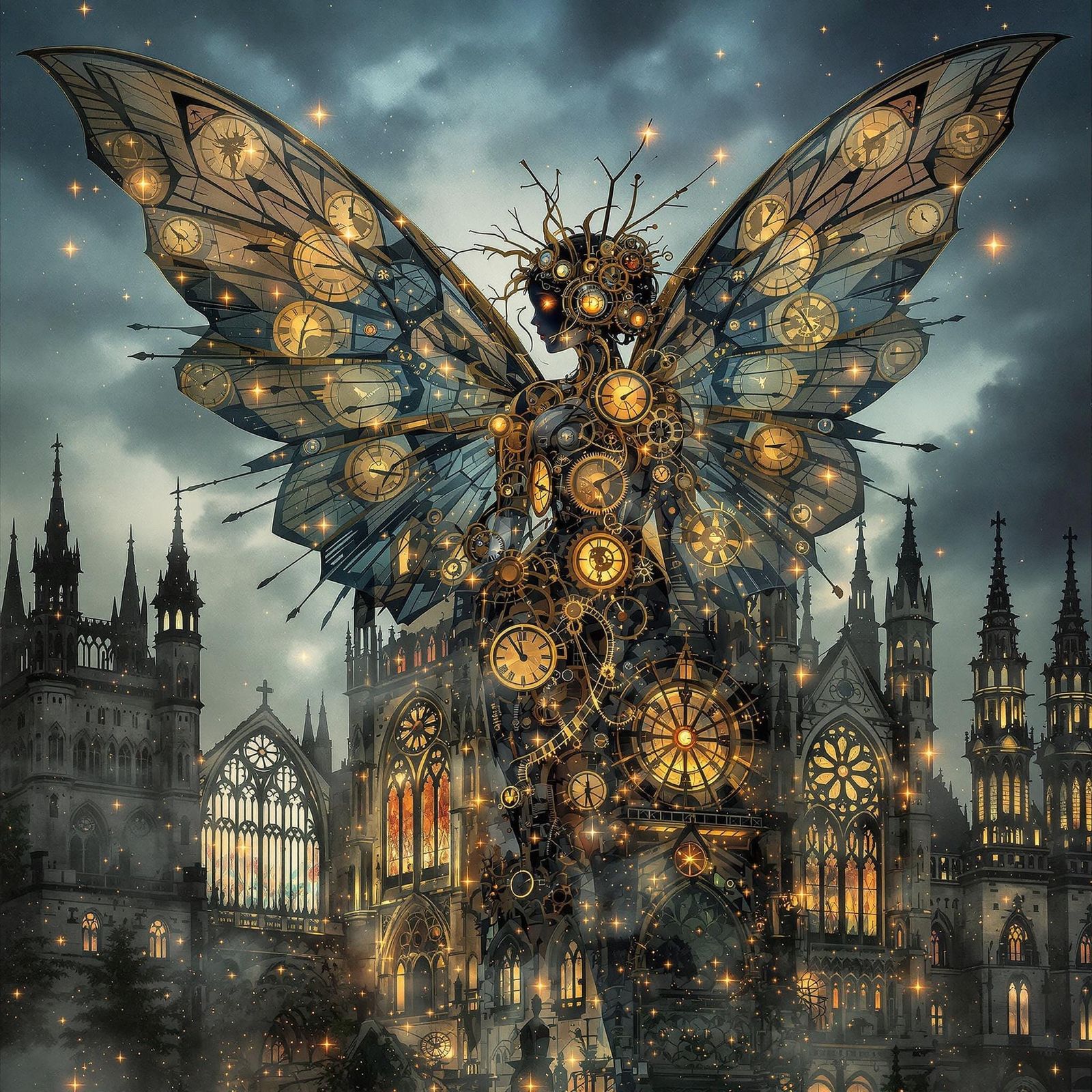 Steampunk Fairy Merged with Gothic Cathedral