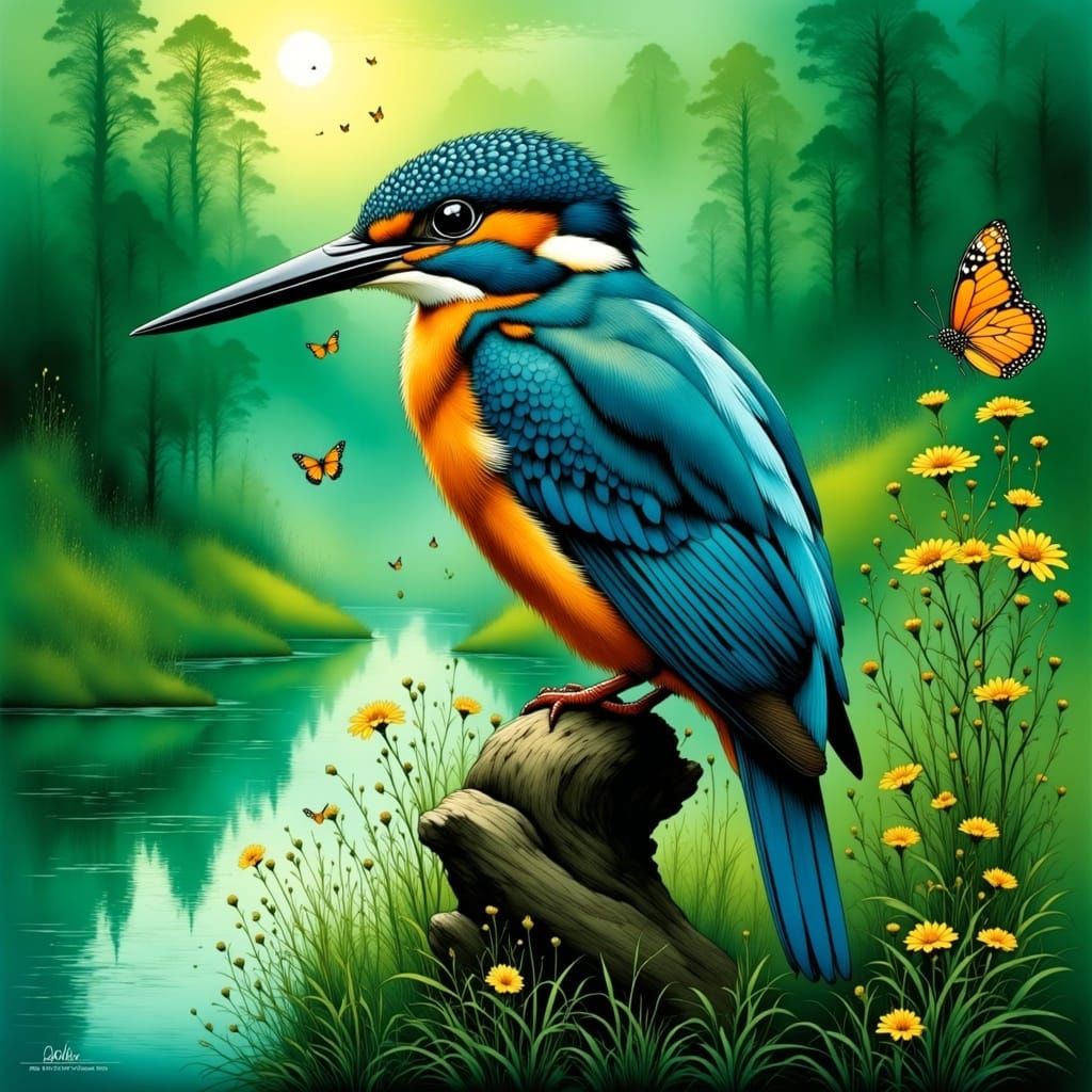 Morning Fog Clears to Reveal Kingfisher amidst Wildflowers a...