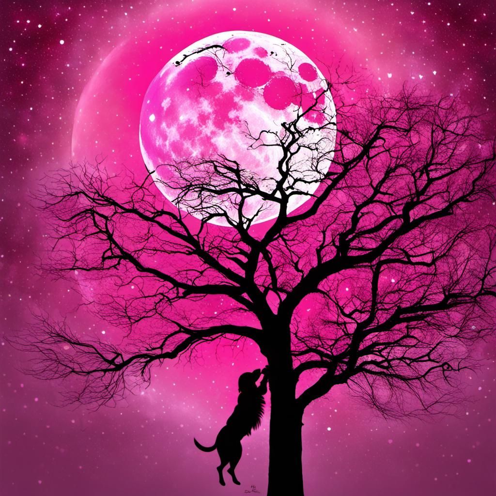 Girl and Puppy by Valentine's Day Tree under Pink Moon