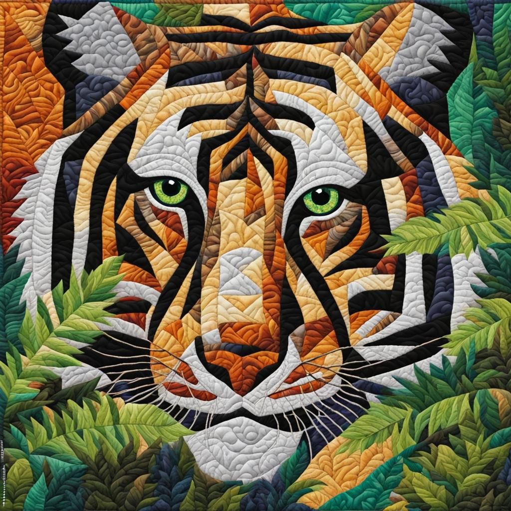 Patchwork Quilt Portrait of a Tiger in Rainforest