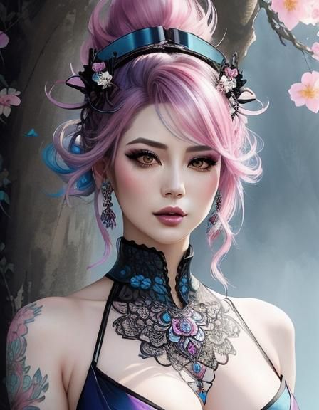 Punk Girl Portrait with Flowery Palace in Watercolor Style