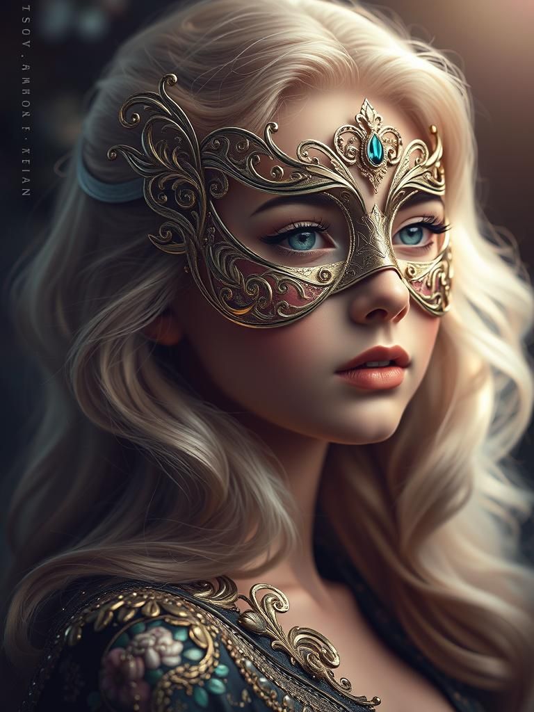 A young blonde girl in a masquerade mask, elegant, the most beautiful and fabulous, many complex details, sharp focus, r...