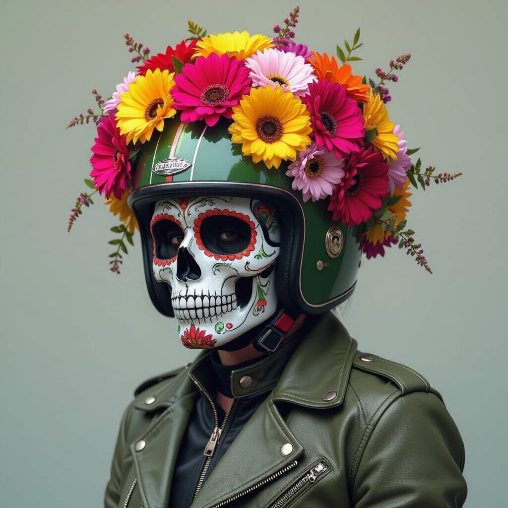 Biker Sugar Skull with Floral Crown in Neon Style