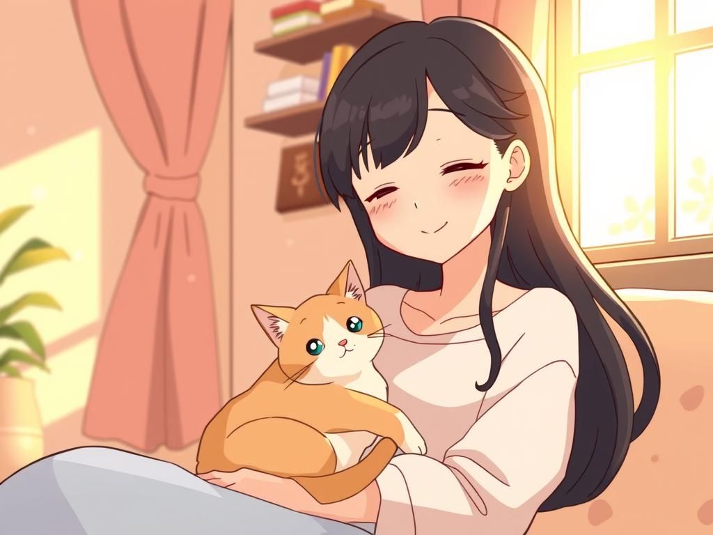 Woman and Cat in Sunlight: Anime-Style Illustration