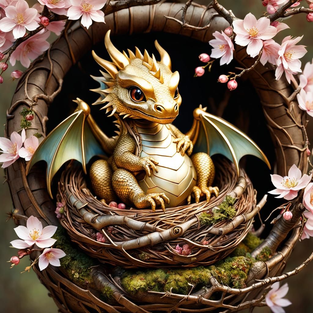 Chibi Dragon in Sakura Nest, Watercolor Graffiti Art