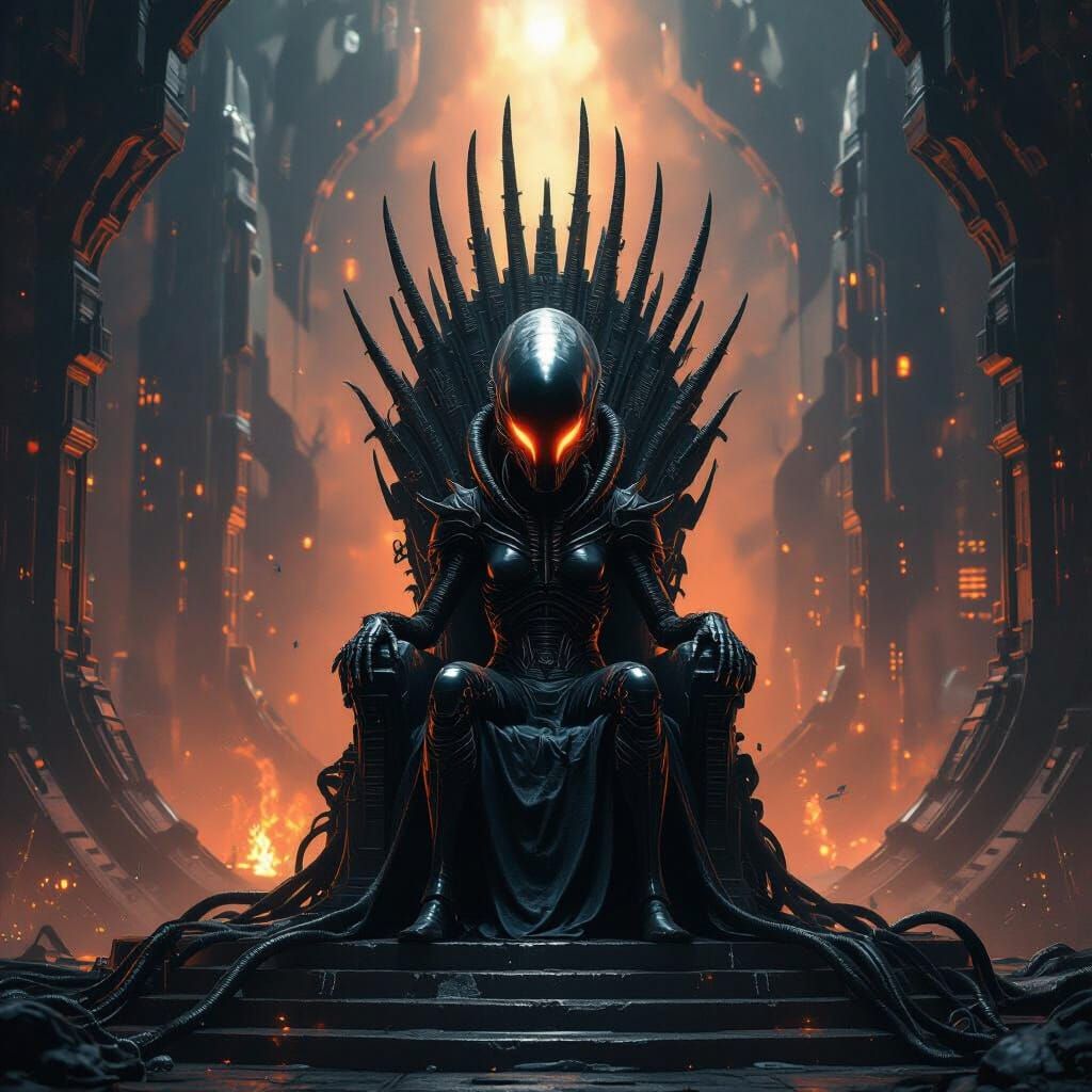 Xenomorph Queen on Obsidian Throne in Biomechanical City
