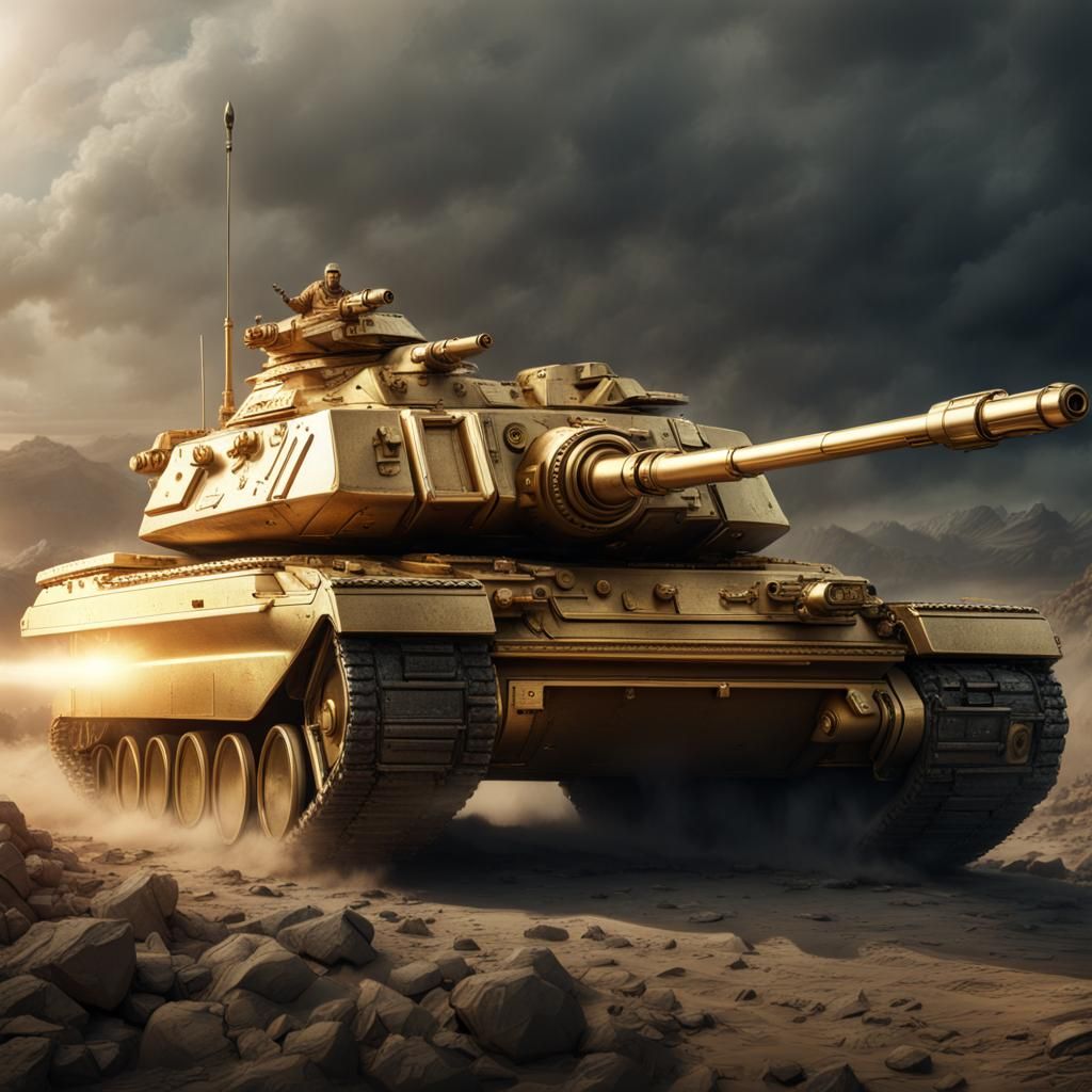 A battle tank made out of solid gold.