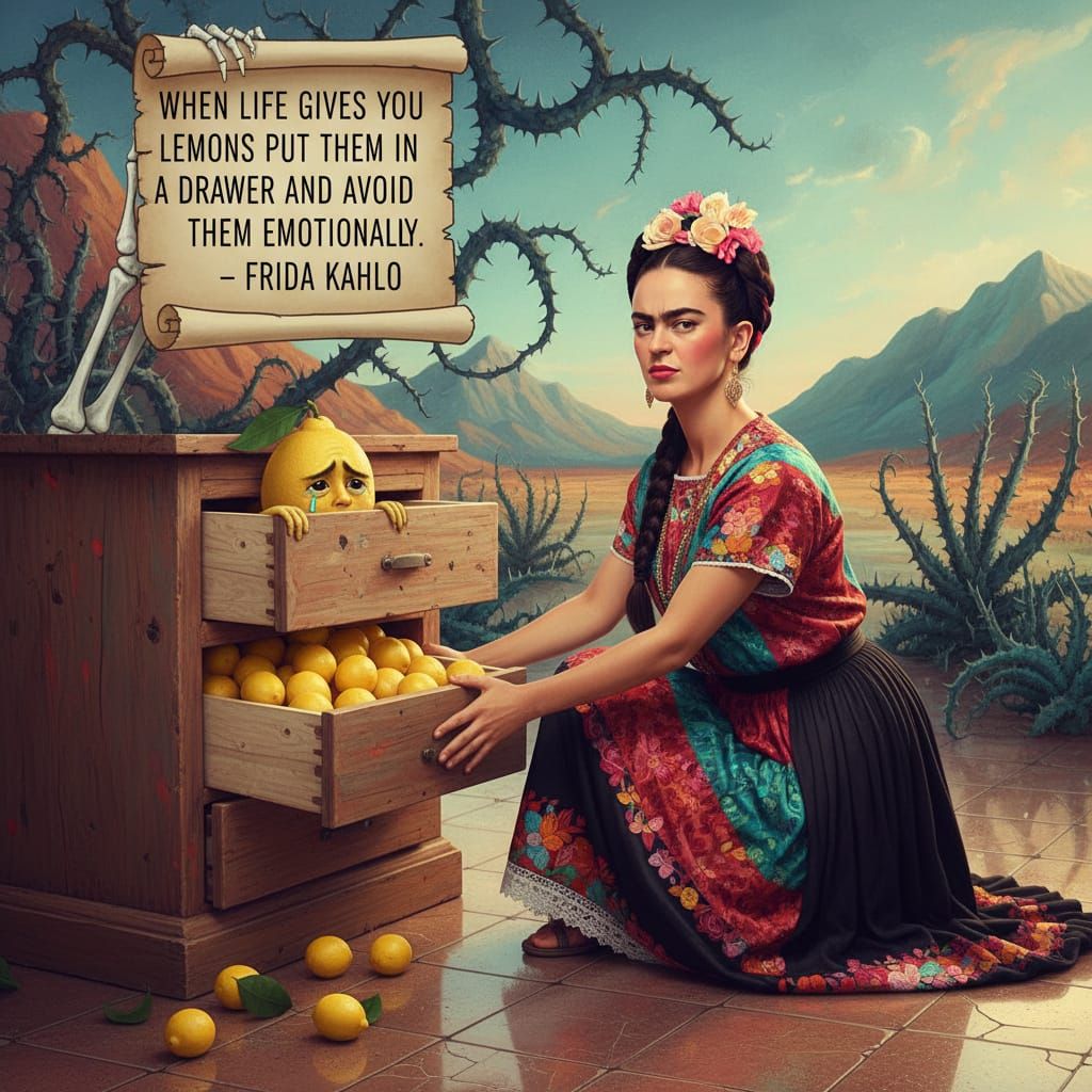 Emotional Avoidance with Lemons by Frida Kahlo Style