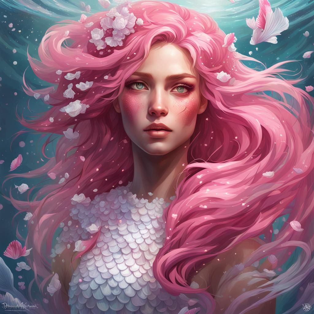 Pink and White Mermaid Portrait in Hyperdetailed Style