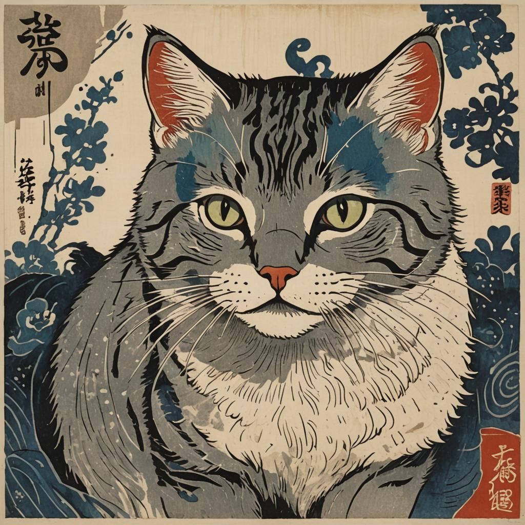 Cat in Tokugawa Era Woodblock Print Style