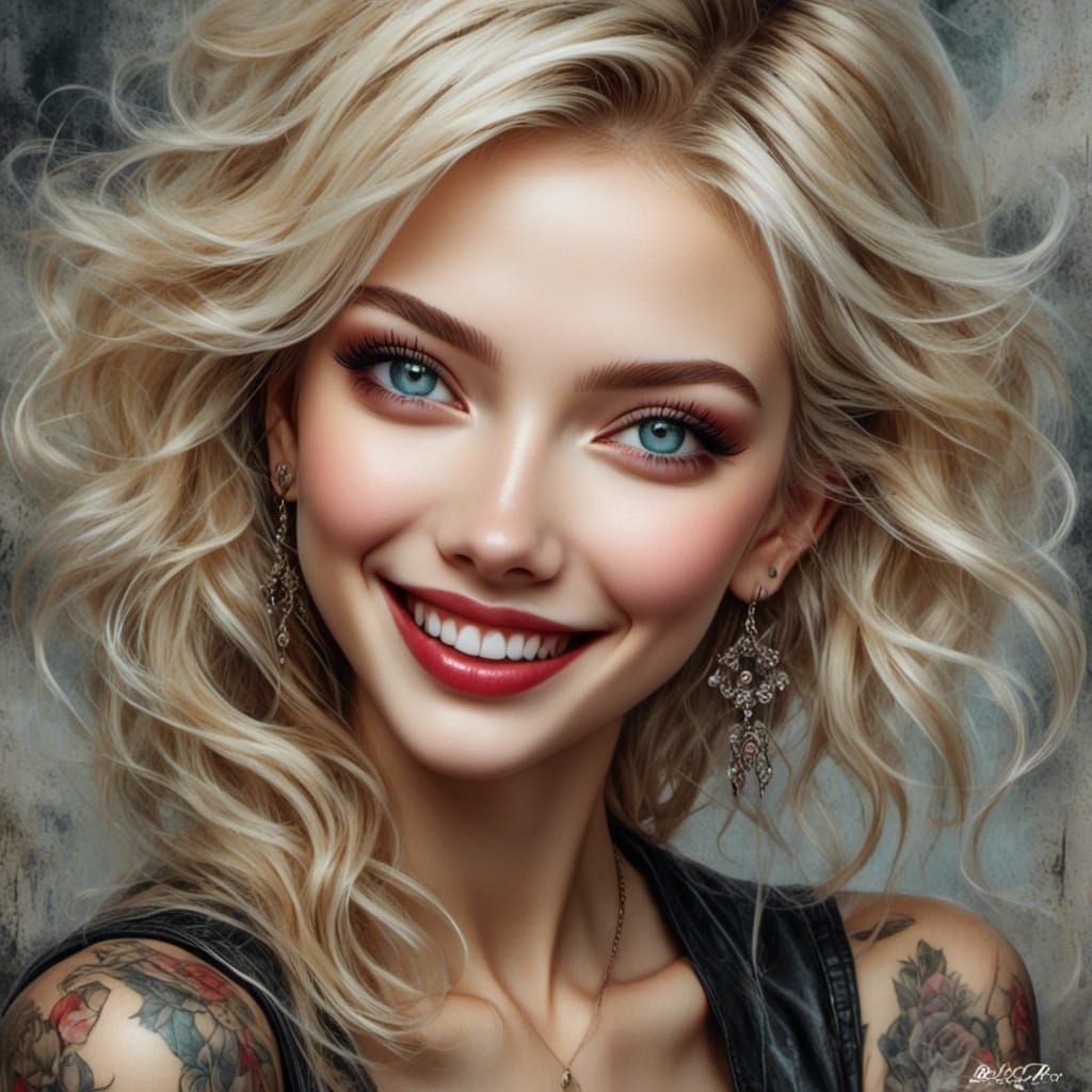Smiling Blonde Woman in Grunge Pin-Up Style