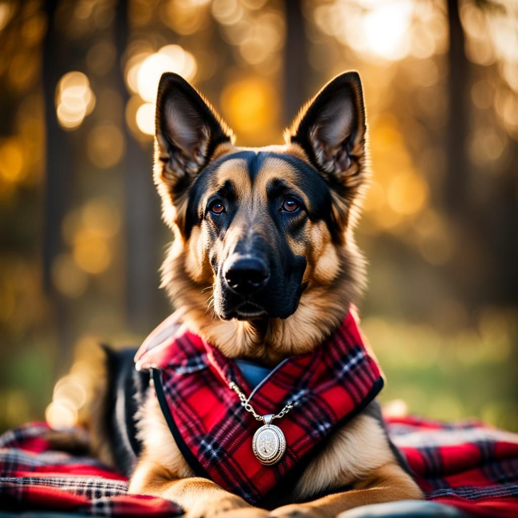 German Shepherd Dog in Plaid Vest