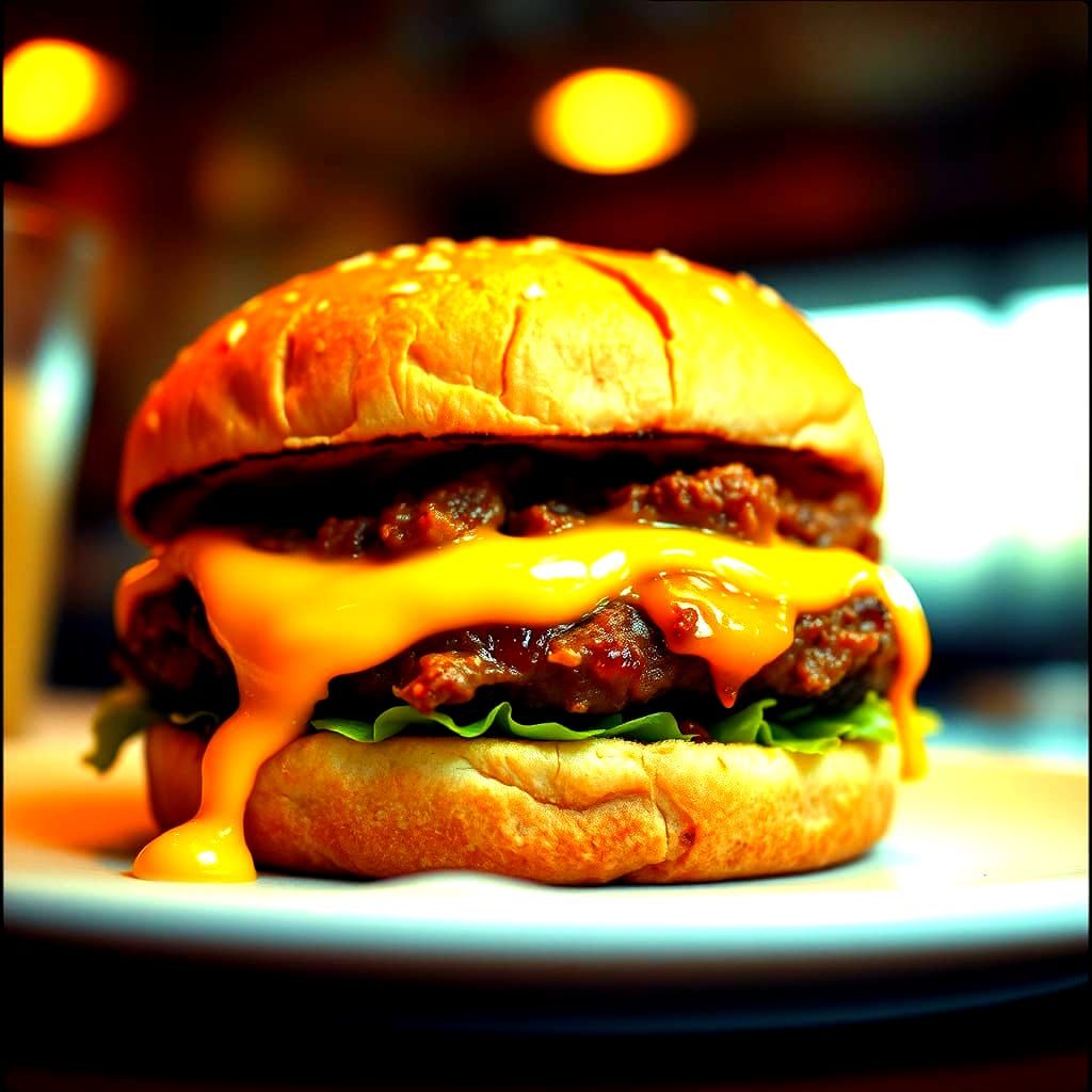 Surreal Cinematic Burger Still Shot with Film Grain and Vign...
