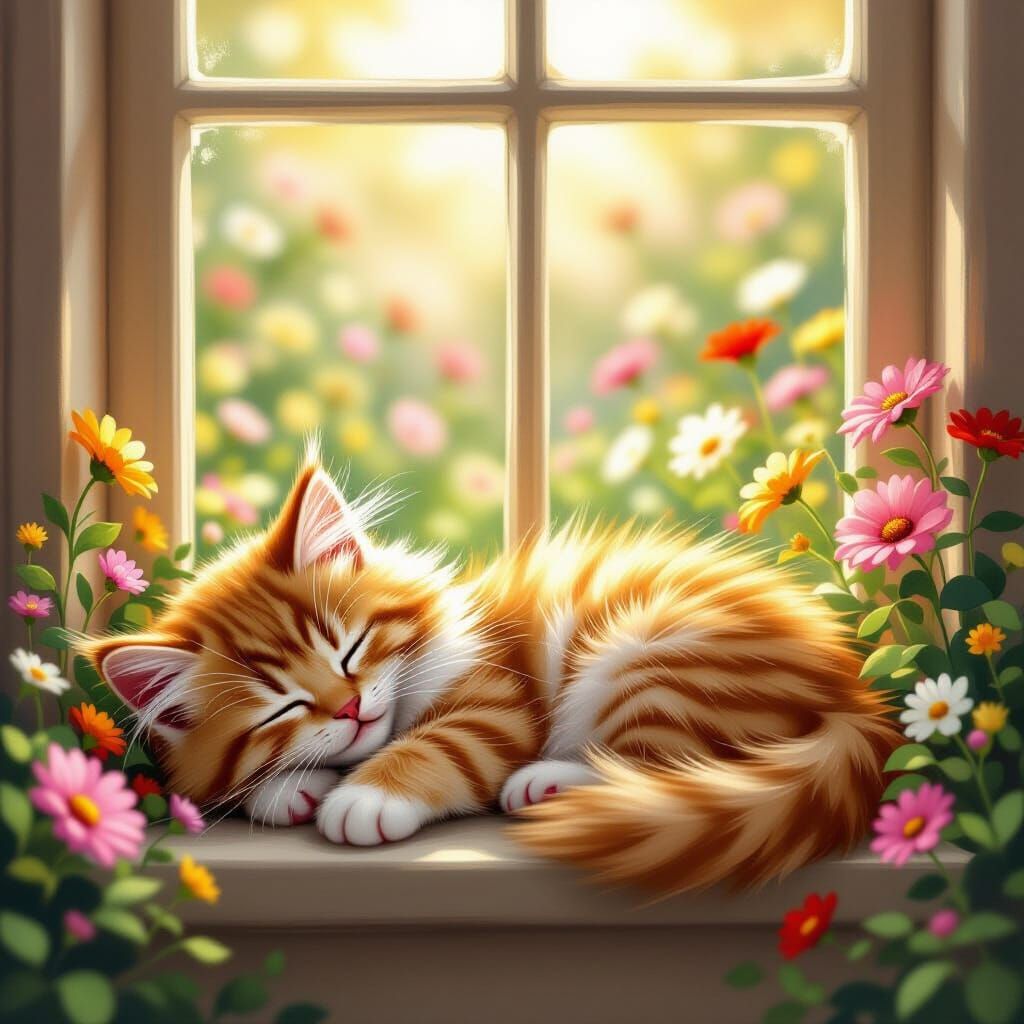 Fluffy Kitten Sleeping by Window in Garden