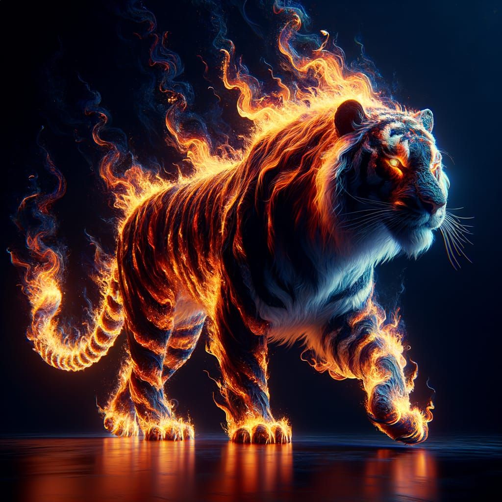 Mystical 3D Tiger in Ultra-Dark Atmosphere with Vibrant Flam...