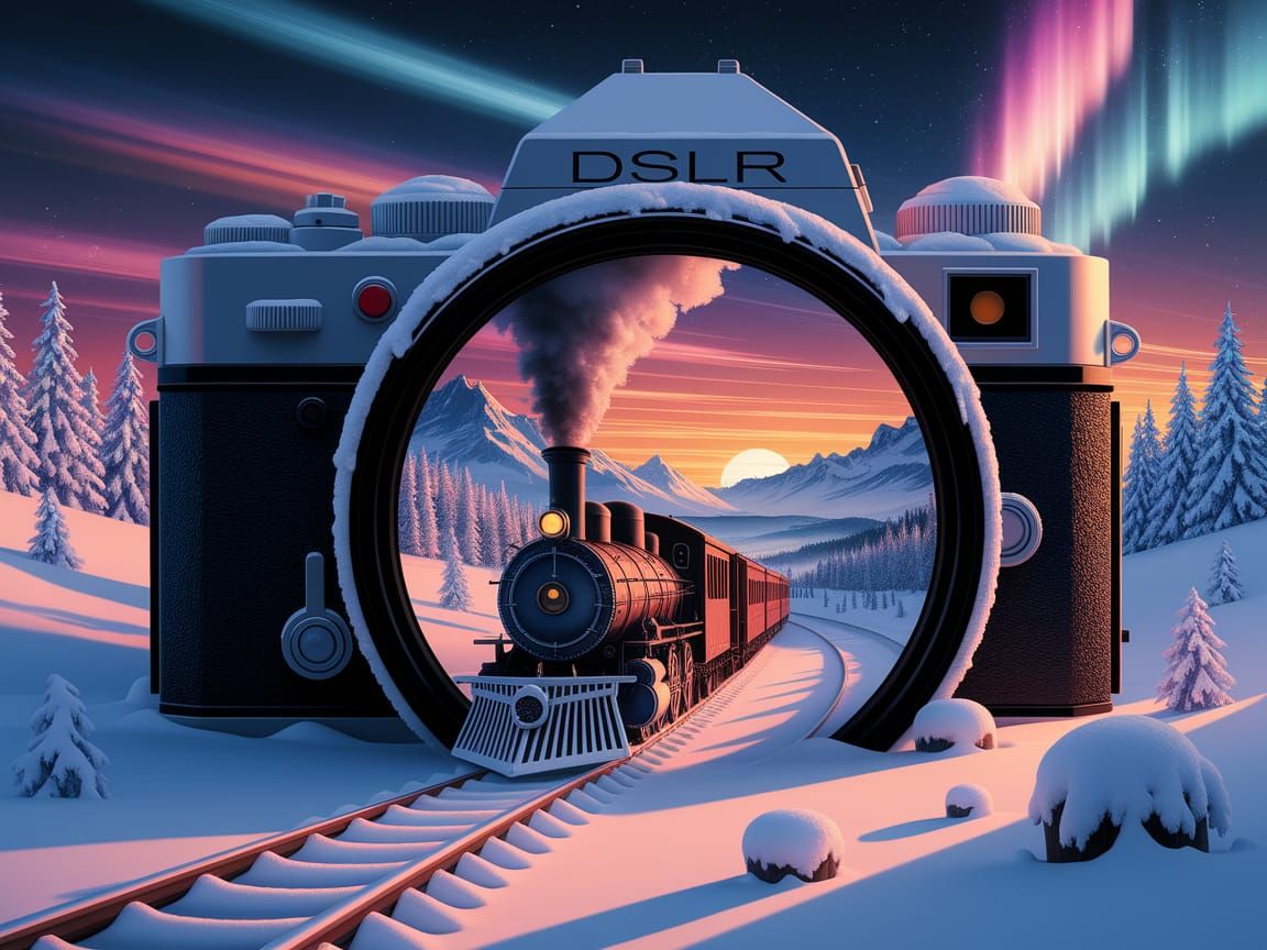 Snow-Dusted Camera Portal to Winter Train Journey