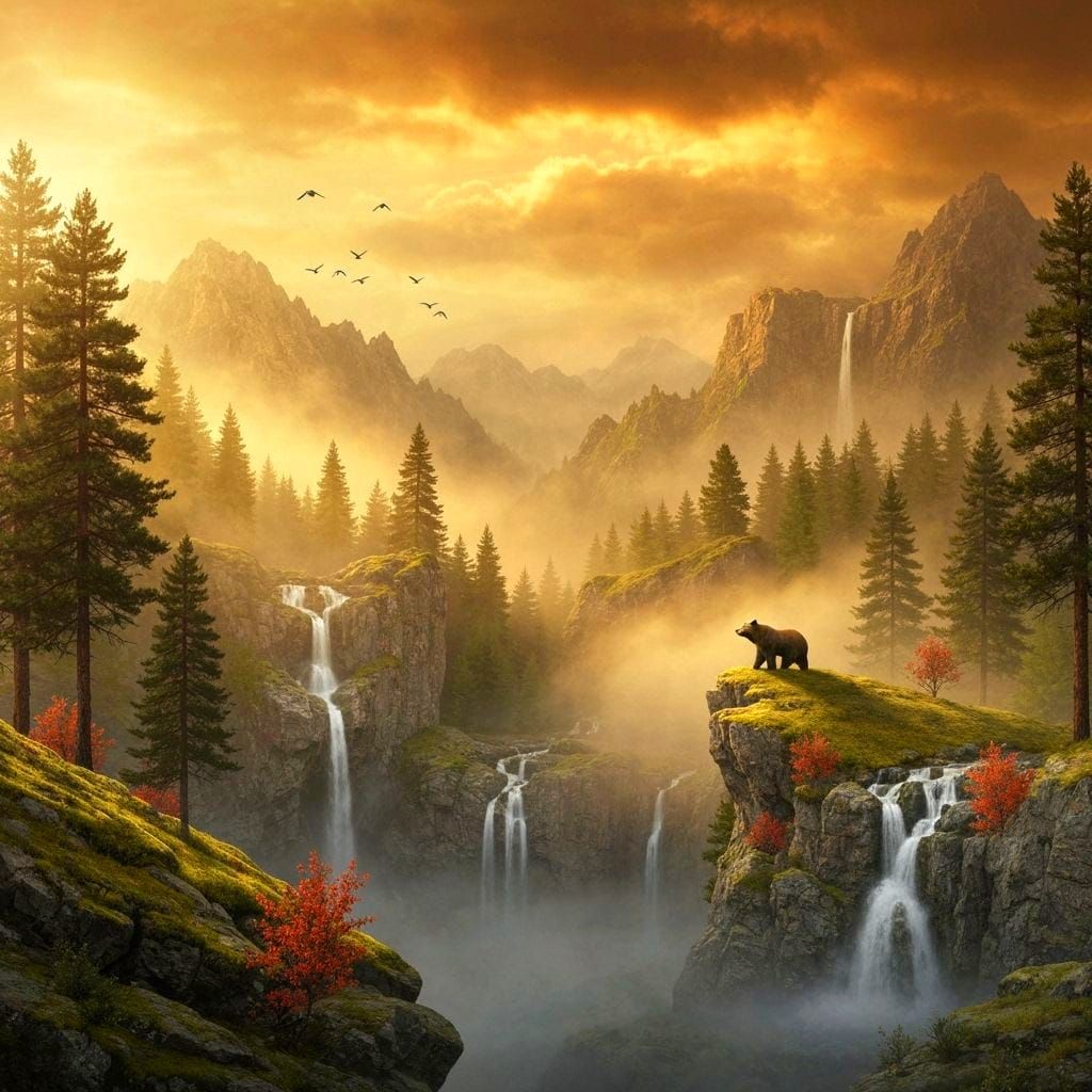 Surreal Mountain Forest Landscape with Bear in Golden Light