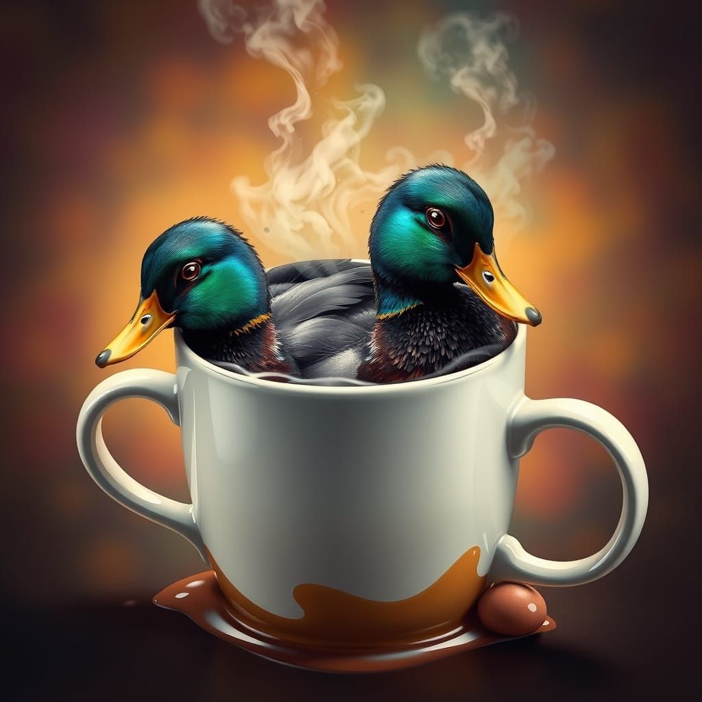 Ducks Take a Coffee Break: Hyperrealistic Splash Art