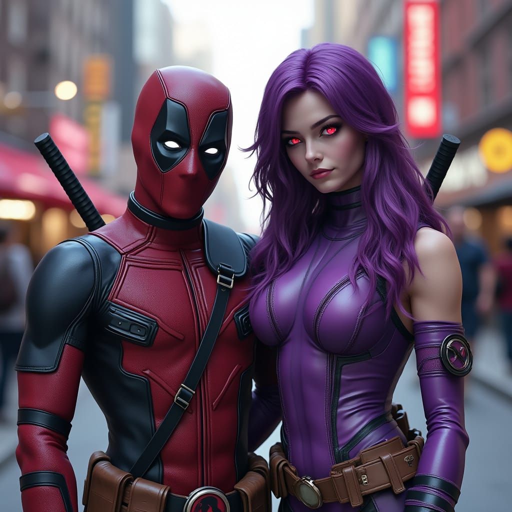 Deadpool and Mileena in a Cyberpunk Cityscape