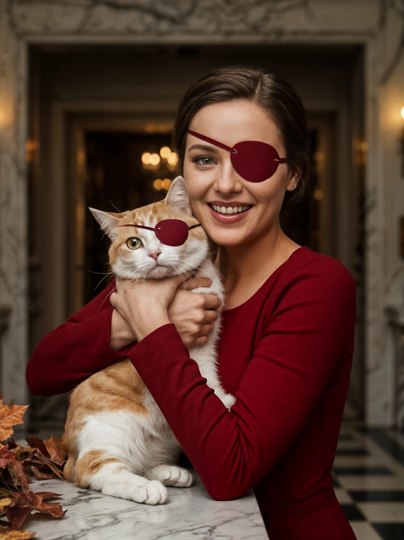 Elegant Woman and Cat Wear Matching Burgundy Eyepatches