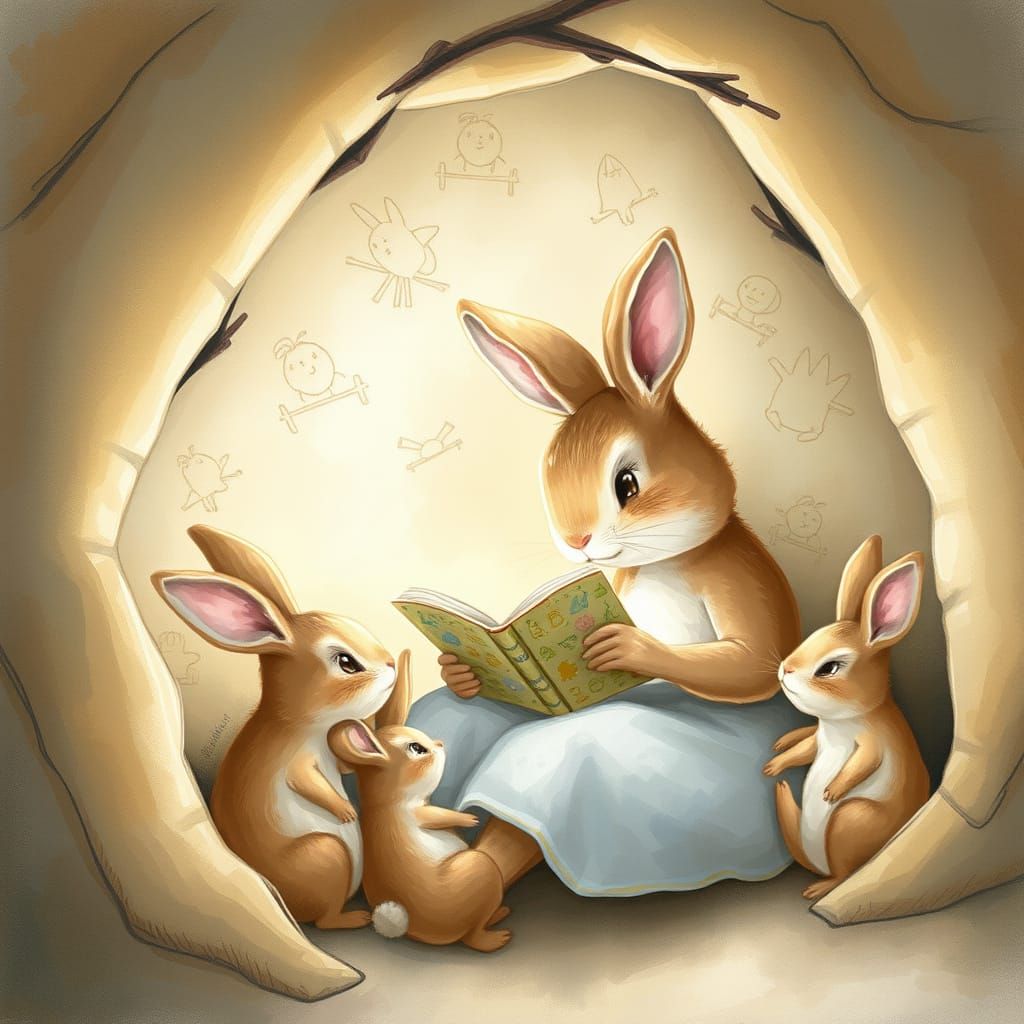 Cozy Burrow Scene in Whimsical Watercolor Style