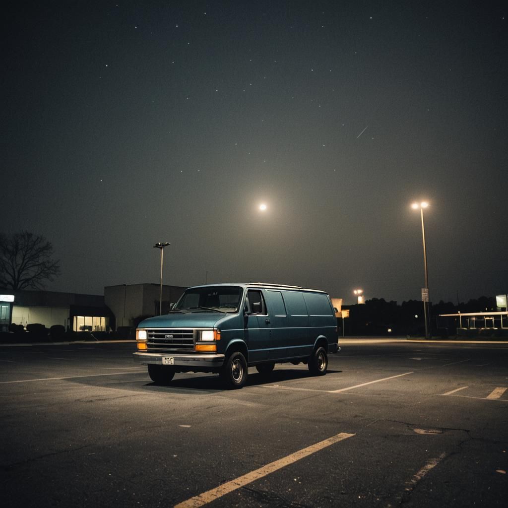Dramatic Van in Dark Parking Lot at Night