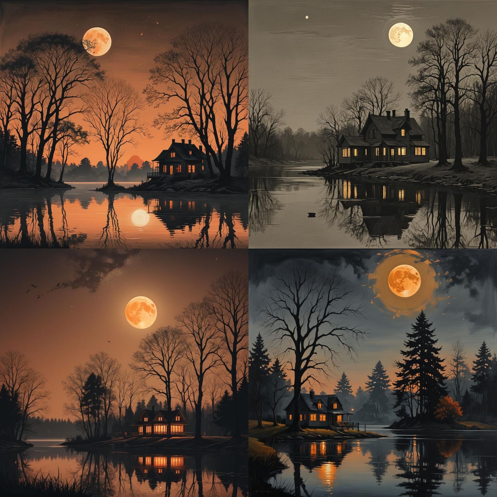 Monochrome Orange House at Night with Moon