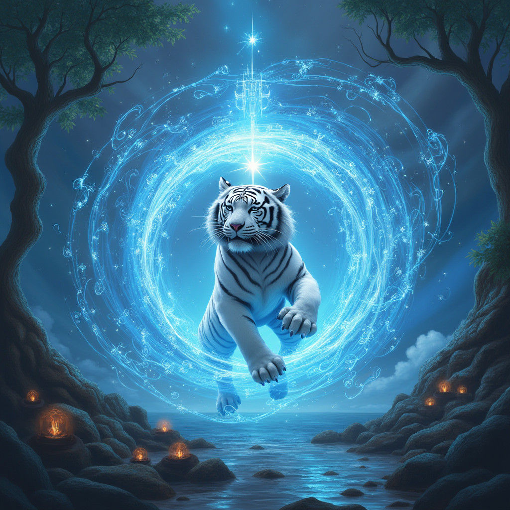 White Tiger Genie Emerges from Blue Energy Vortex