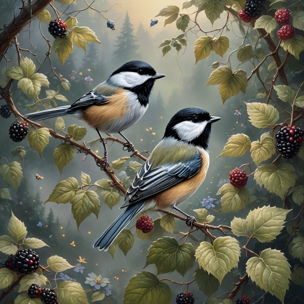 Chickadee on Blackberry Vines in Ethereal Style