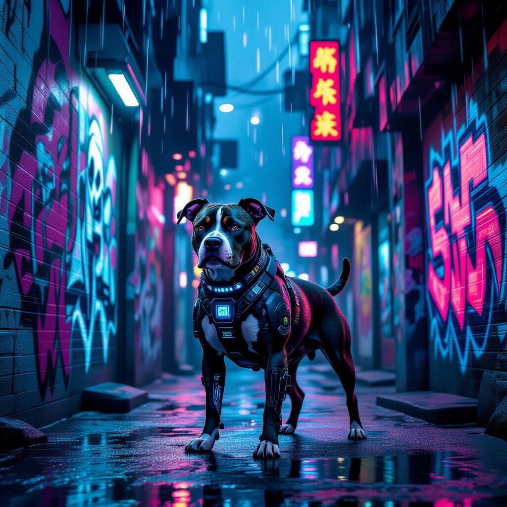 Cybernetic Pitbull in Neon-Lit Gritty Alleyway