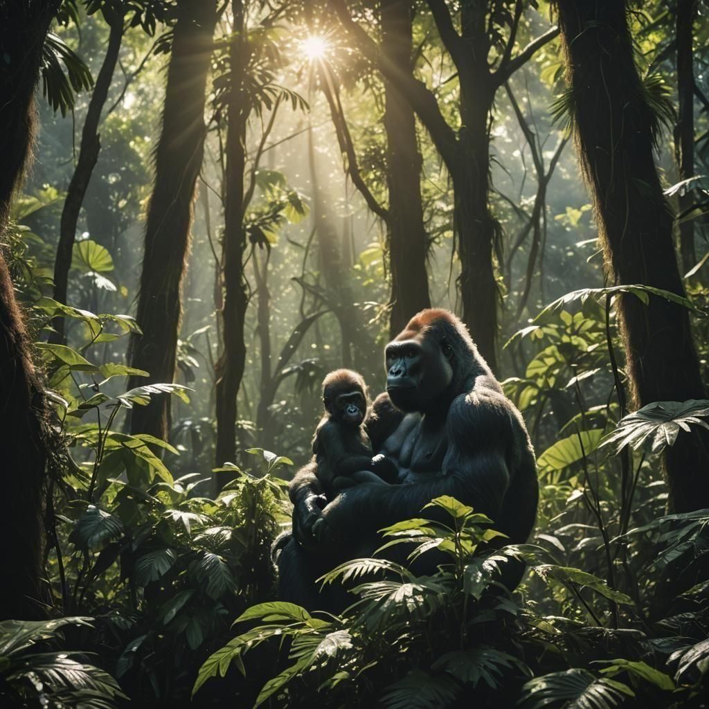 Mother and Baby Gorilla in Jungle Sunlight