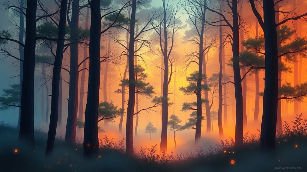 Bioluminescent Forest at Twilight in Airbrush Style
