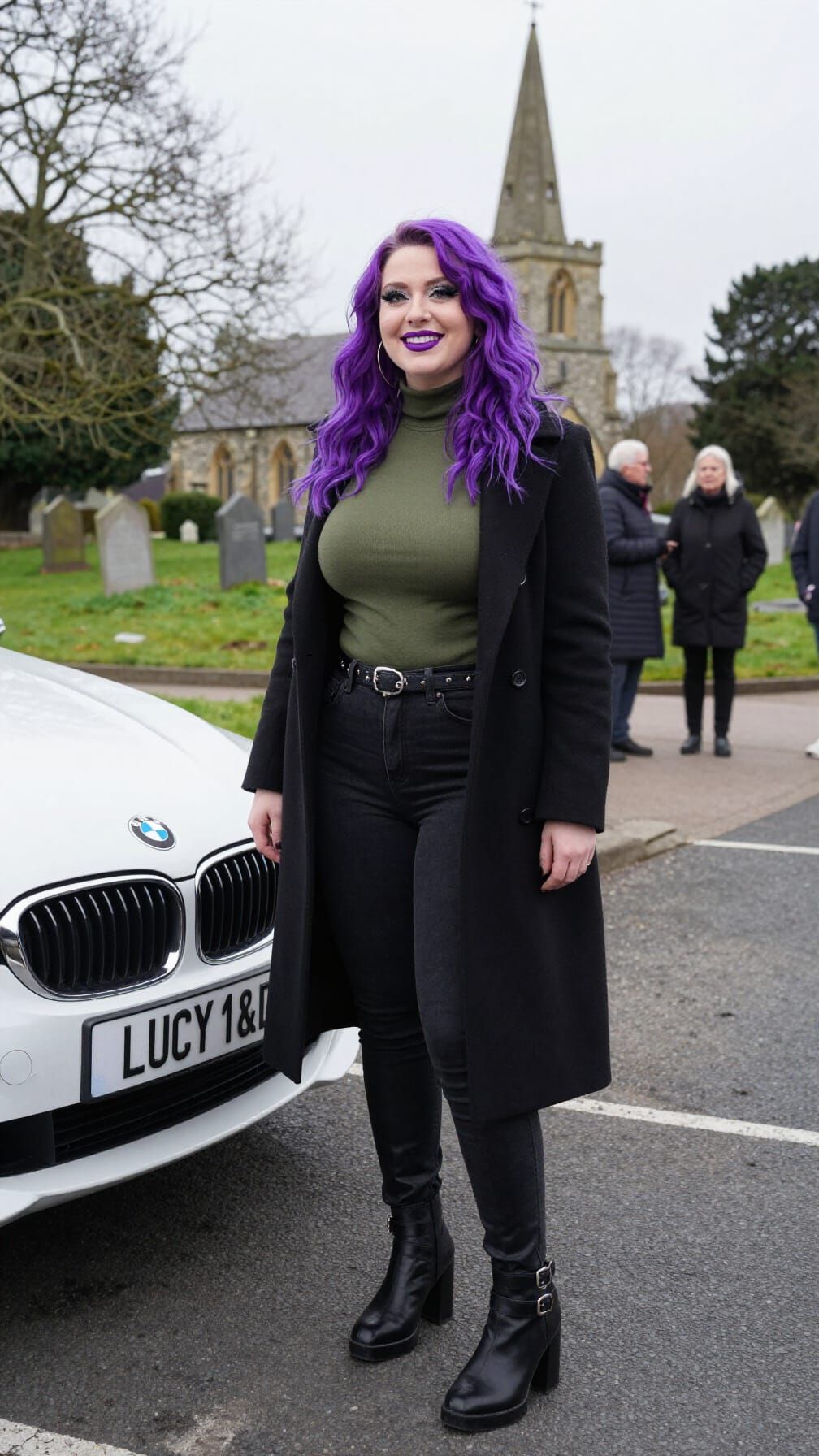 Emo Goth Woman Outside Country Church in BMW