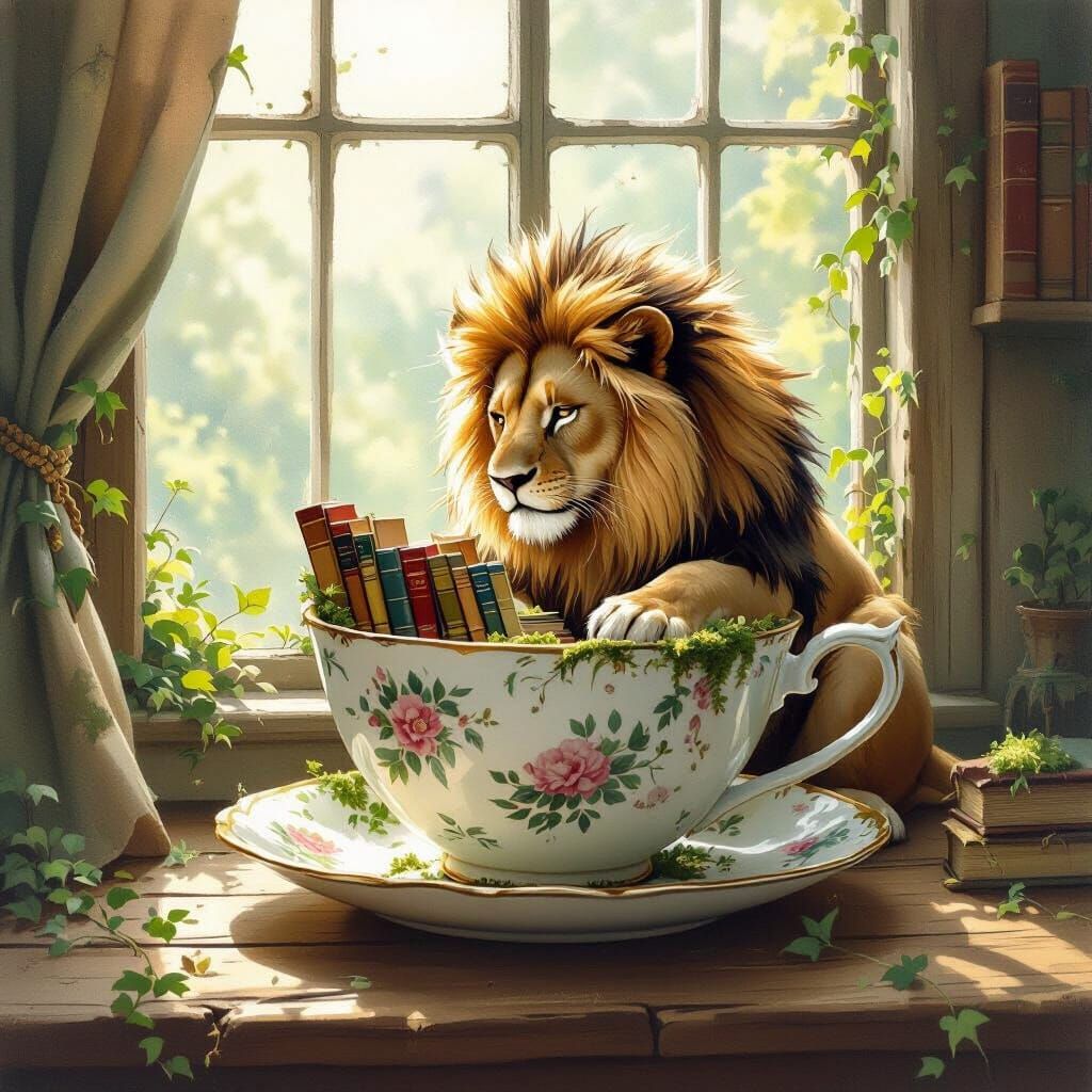 Lion Organizes Tiny Library in Giant Teacup, Watercolor Styl...