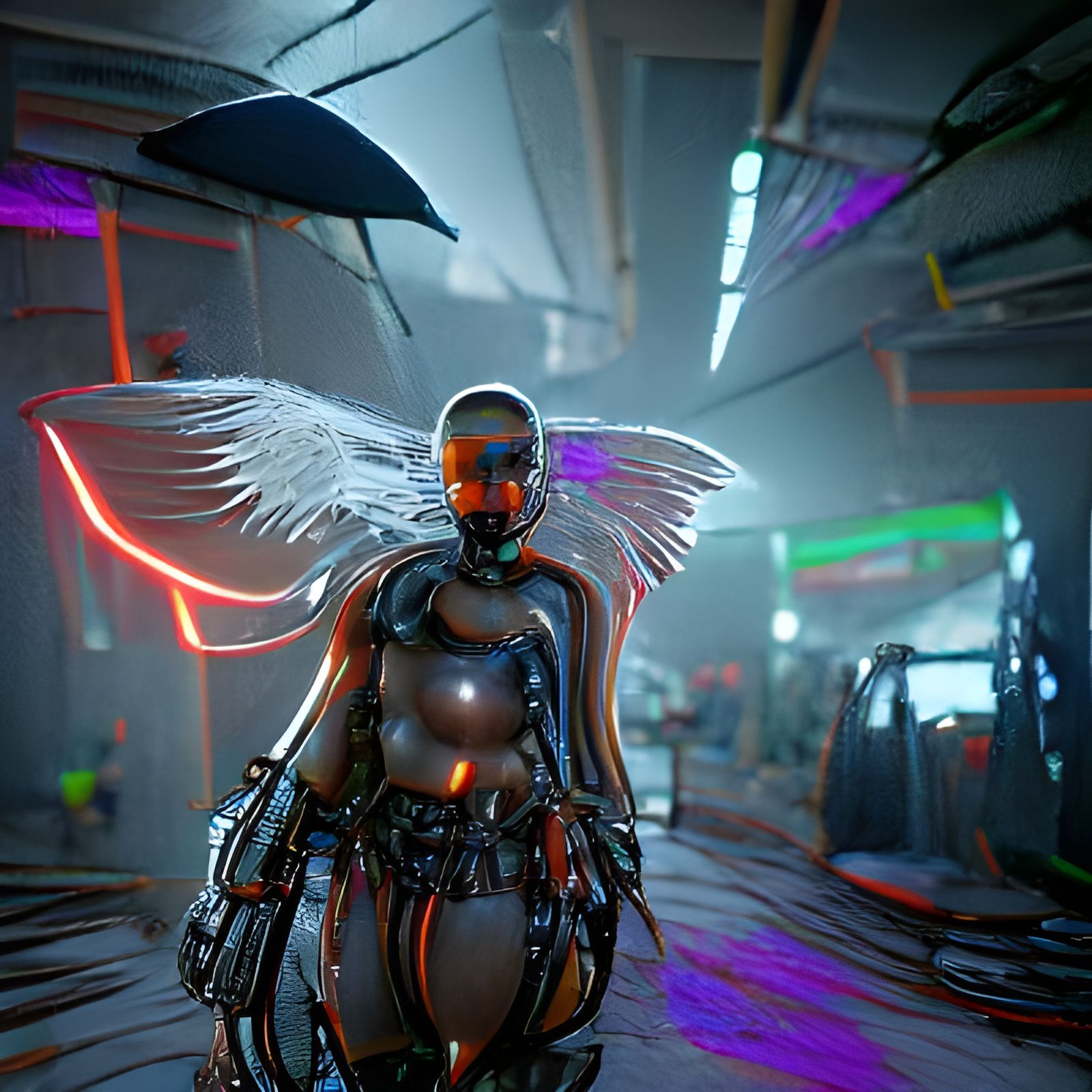 Cyberpunk Cyborg Angel in Neon Cityscape