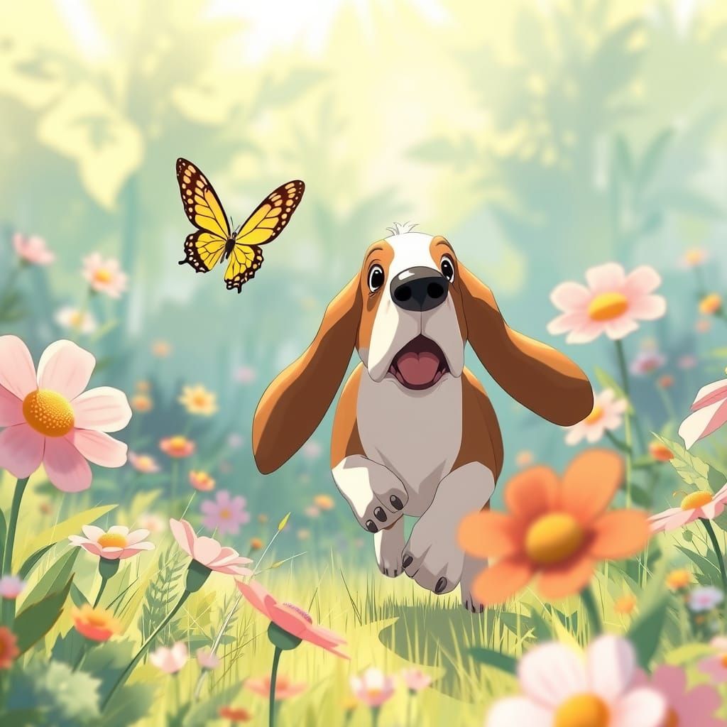 Playful Basset Hound Chasing Butterfly in Dreamy Meadow
