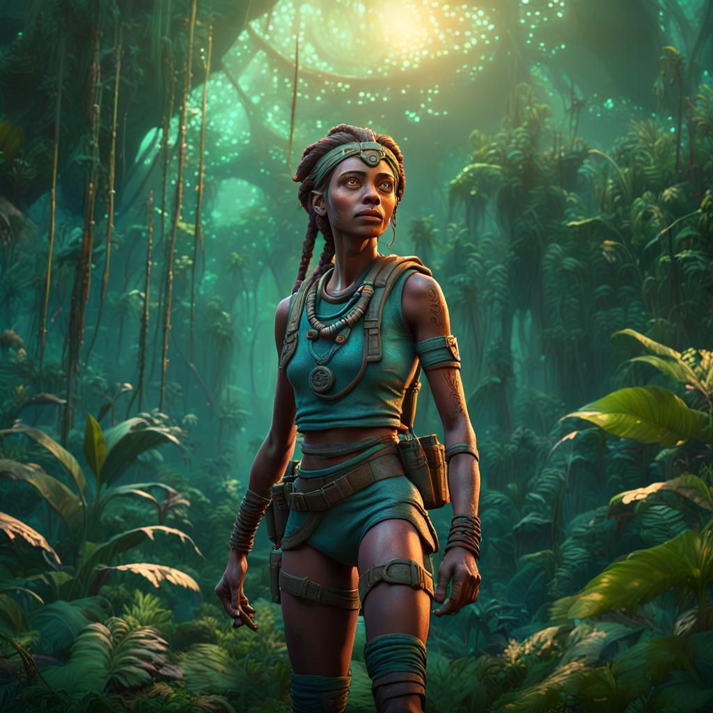 Ethereal Goddess in Post-Apocalyptic Jungle, 3D Digital Art