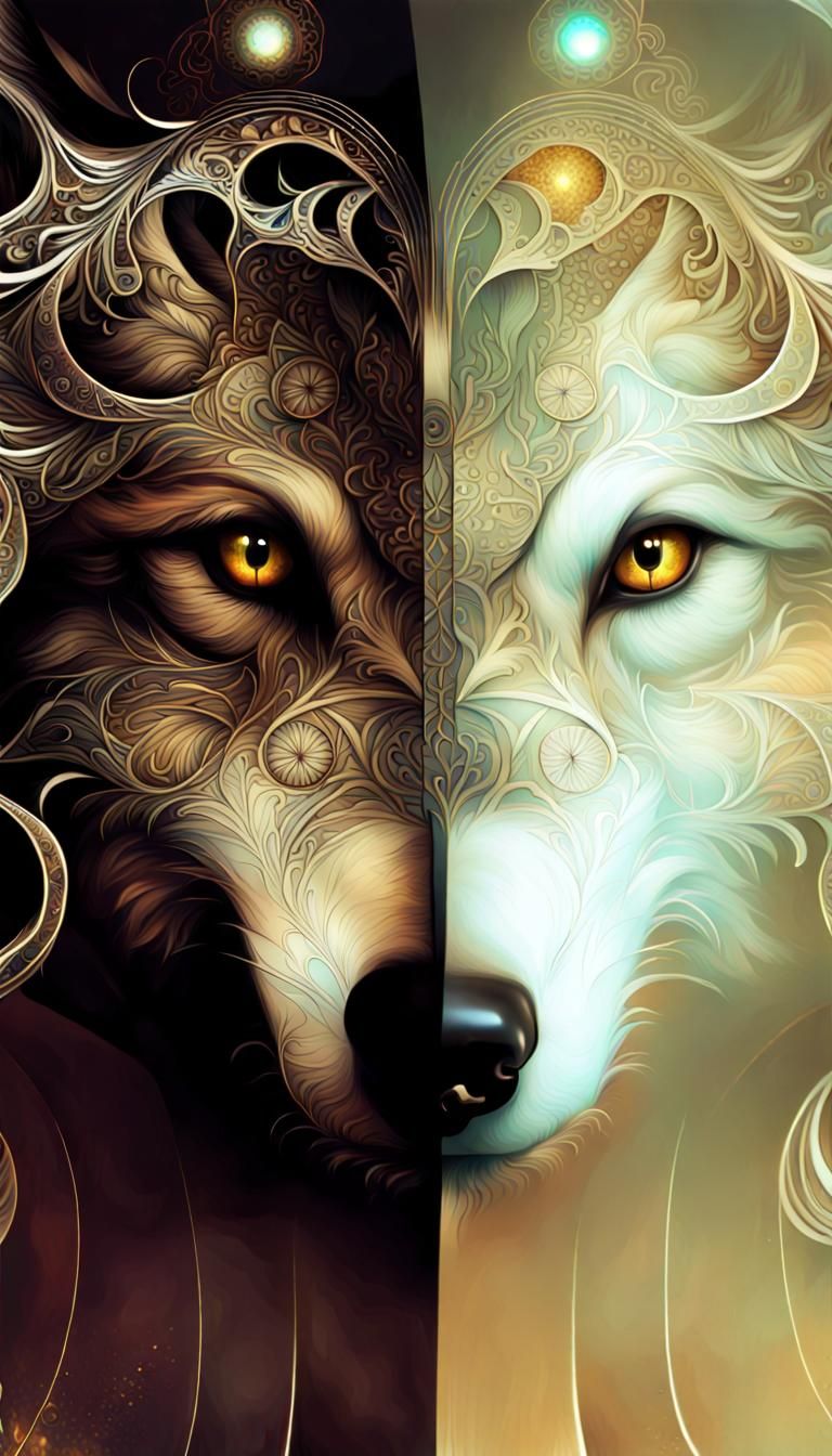 Golden Ratio White Fractal Wolf: Hyperdetailed Fantasy Art