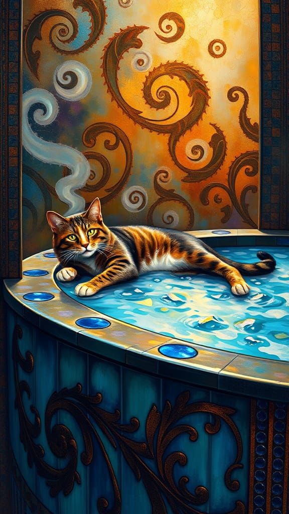 Cat On a Hot Tub WLOP contrasting colors deep color art Nouv...