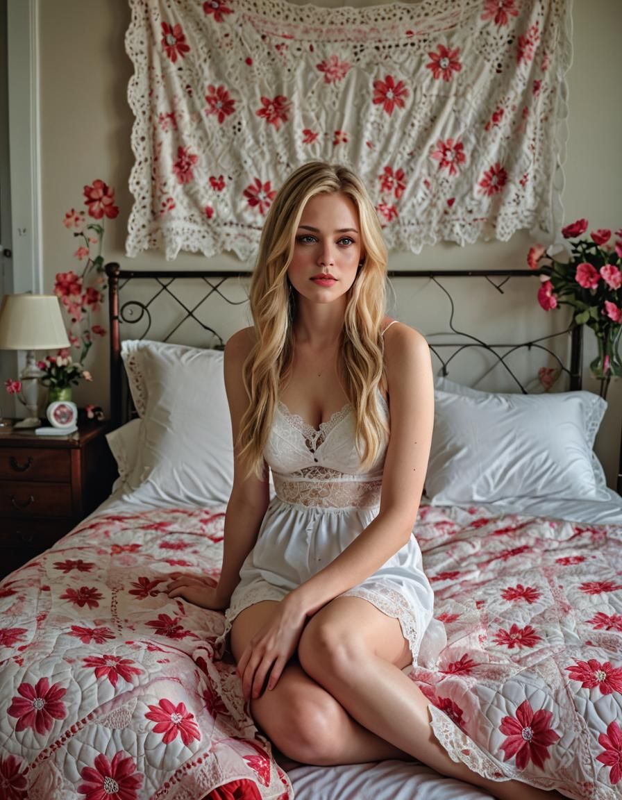 Hyperrealistic Girl in Lingerie with Pink Quilt