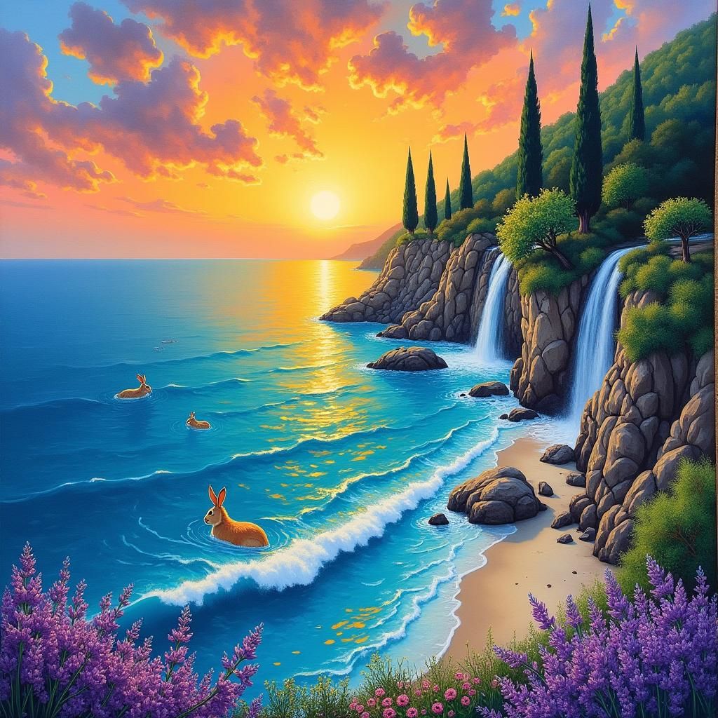 Rabbit Swimming at Sunset in Impressionist Style