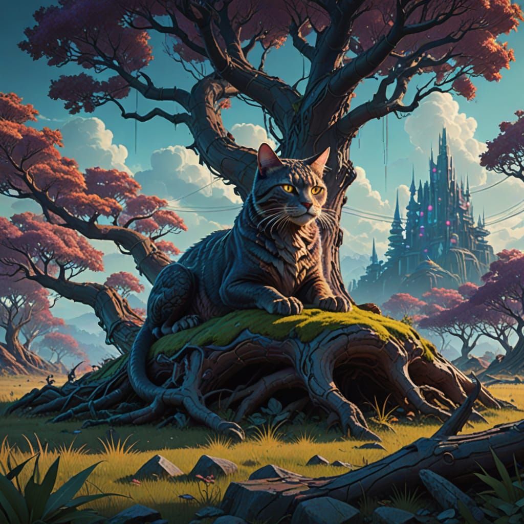 Majestic Cat Dragon Amidst Ancient Tree Roots