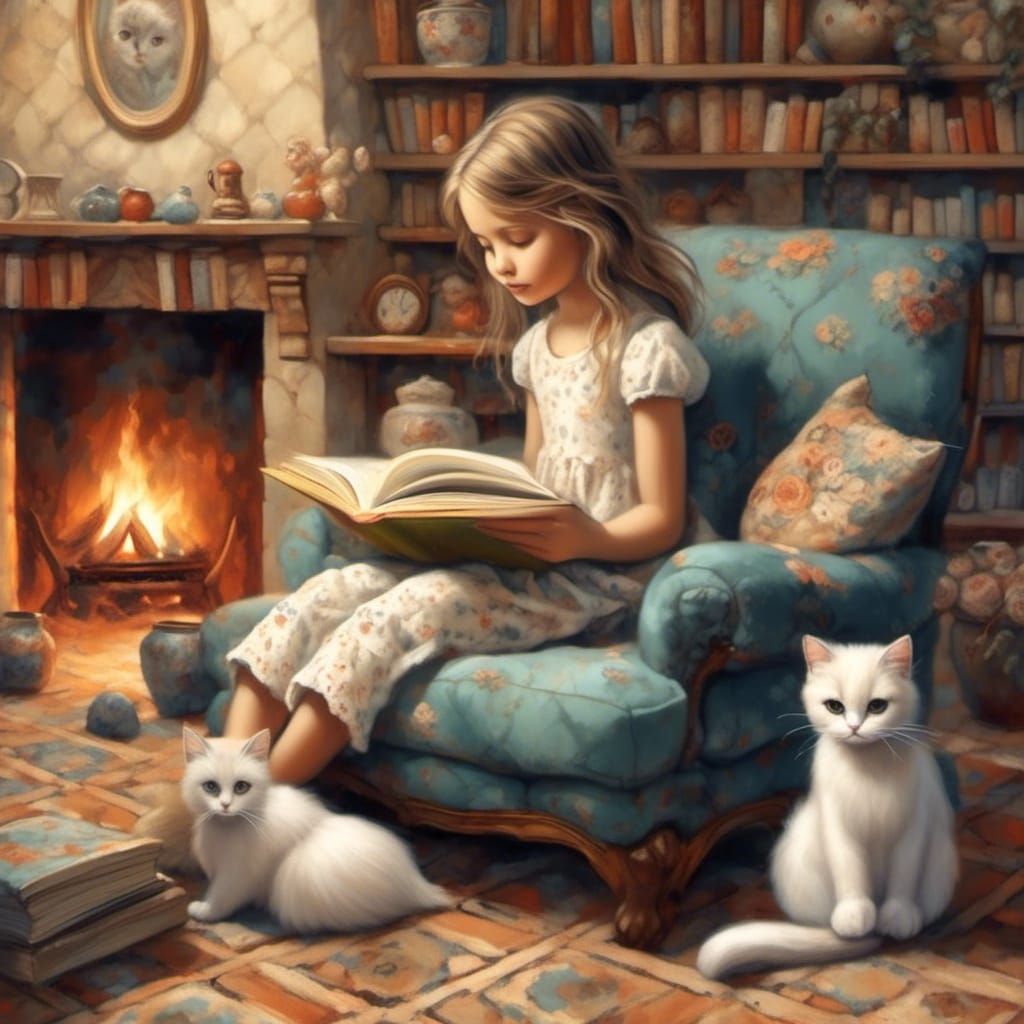 Girl Reading by Fireplace in Warm Hues