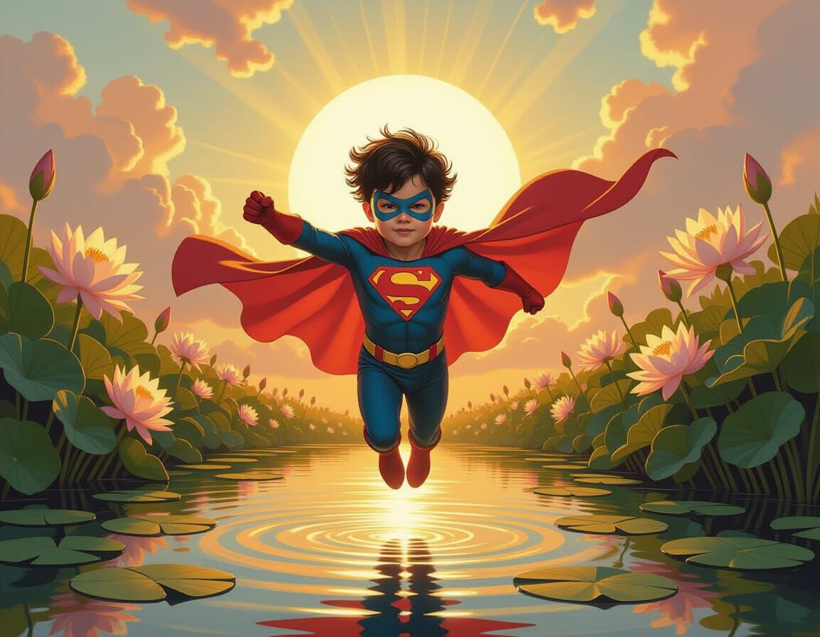 Child Superhero Flies in Surreal Golden Hour Oil Painting