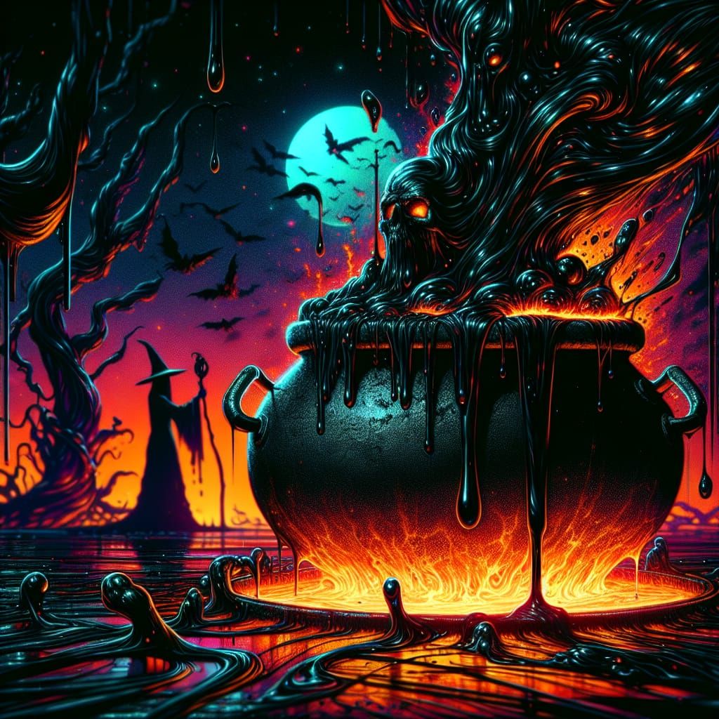 Mystic Witch Observes Black Slime Eruption in Neon Shadows